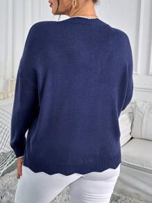 SHEIN LUNE Plus Size Women Contrast V-Neck Ruffled Hem Bow Front Pullover Sweater, Casual Home Leisure Western Party - Blue and White - View 3