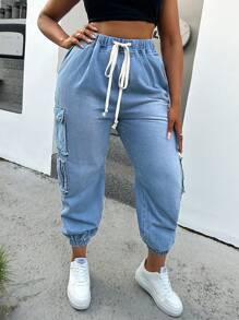 SHEIN EZwear Plus Size Casual Loose Tapered Leg Denim Cargo Pants, Blue - Blue - View 4