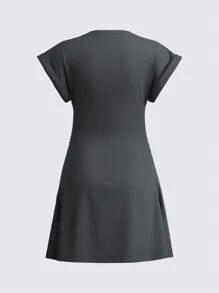 SHEIN BASICS 休闲纯色针织圆领短袖侧抽绳女式迷你连衣裙 - 深灰色 - 查看 7