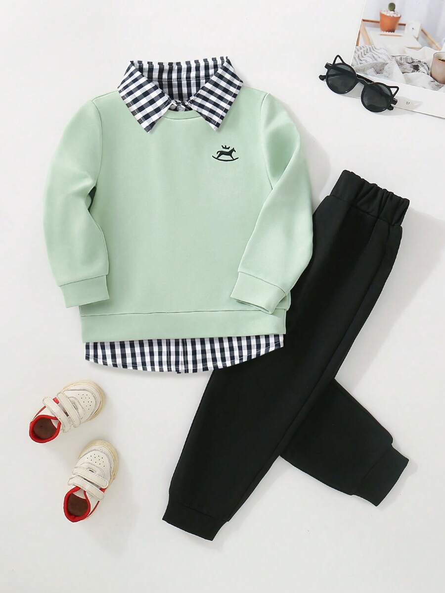 SHEIN 2 件套年轻男孩可爱休闲黄色刺绣运动衫和黑色裤子舒适服装,春季 - 薄荷綠 - 查看 1