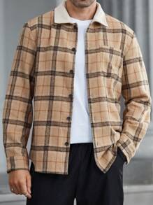 Manfinity Homme Men's Plaid Pattern Fleece Collar Casual Overcoat, Autumn/Winter - Khaki - View 3