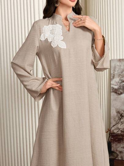 Al Najma 优雅花卉刺绣缺口领宽松连衣裙，端庄休闲束腰长款 Jalabiya 长袖阿拉伯连衣裙，适合晚会/婚礼嘉宾/周年纪念，长袍