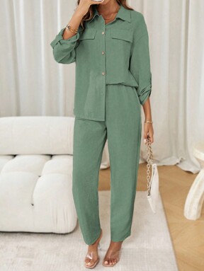 SHEIN LUNE 2pcs Loose Casual Lapel Long Sleeve Solid Shirt & Pants Set Fall Cloth For Women