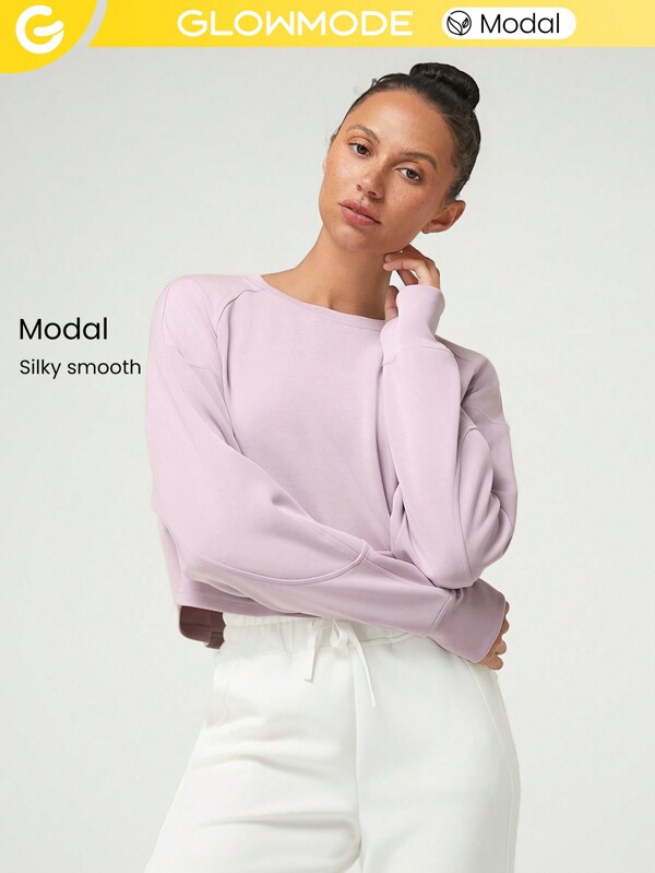 GLOWMODE Modal Silky Smooth Loose Crop Long Sleeve Sweatshirt With Thumbholes Daily Casual Fall