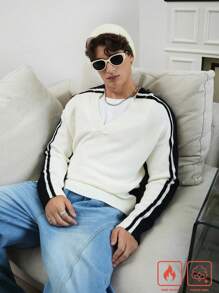 Chillumni كنزة صوفية مُحبوكة أكمام طويلة بياقة على شكل V لون متكتل للرجال