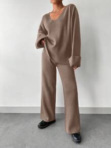 RueChic Women's Solid Color V-Neck Drop Shoulder Long Sleeve Sweater And Knit Pants Casual 2-Piece Set, Autumn/Winter - Mauve Purple - View 5