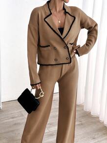 RueChic Woman Pocket And Ruffle Detailed Contrast Cardigan And Sweater Pants Sweater Co-Ords Comfy Warm Set - Camel - View 2