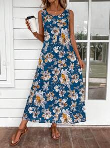 EMERY ROSE 女式复古花卉图案印花长款休闲夏季连衣裙 - 霧霾藍 - 查看 2