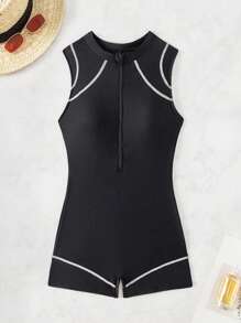 SHEIN Swim SPRTY Women's Black Crew Neck Casual Active Zip Up Jumpsuit Swimsuit Summer - Black - View 8
