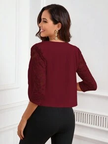 SHEIN Clasi 女士春秋纯色 3/4 袖前开短款优雅夹克 - 酒紅色 - 查看 2