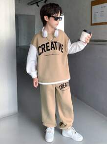 SHEIN Leap Crew Bộ quần áo nỉ và áo phông in chữ 2 món thường ngày cho bé trai tuổi mới lớn, dáng rộng, đi học, đi làm, thường ngày, thể thao, thu đông - Màu Khaki - Xem 1