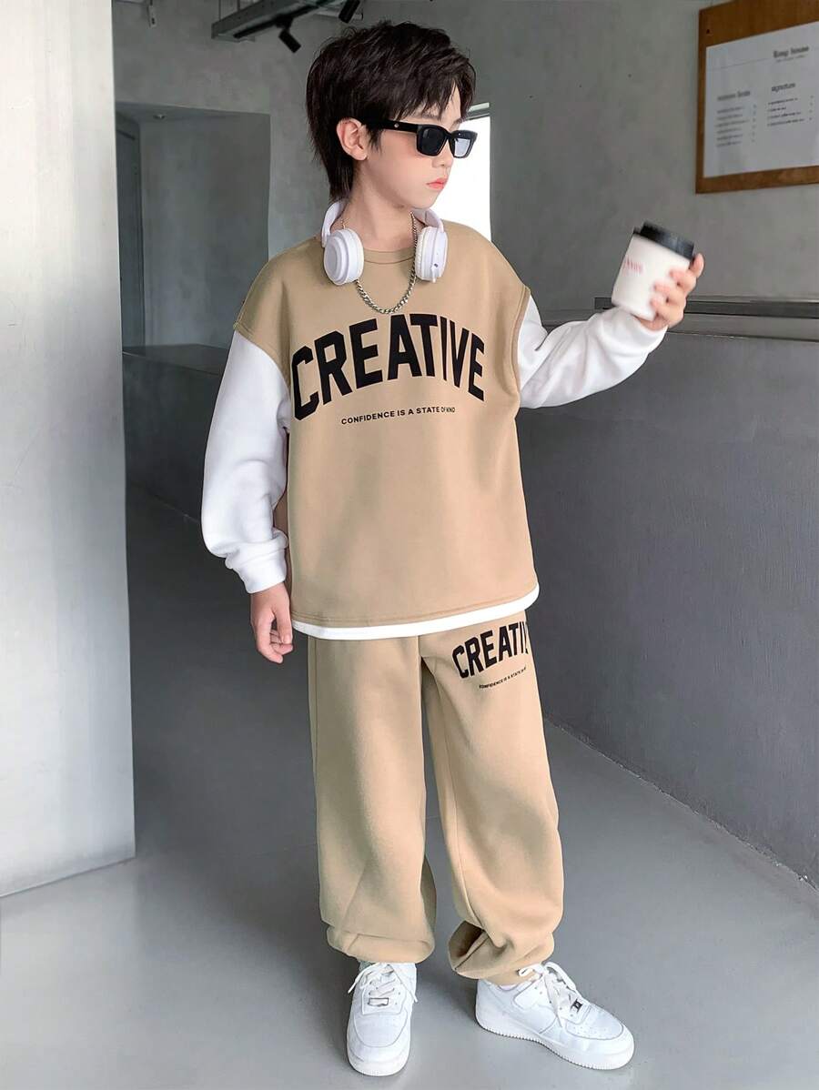 SHEIN Leap Crew Bộ quần áo nỉ và áo phông in chữ 2 món thường ngày cho bé trai tuổi mới lớn, dáng rộng, đi học, đi làm, thường ngày, thể thao, thu đông - Màu Khaki - Xem 1