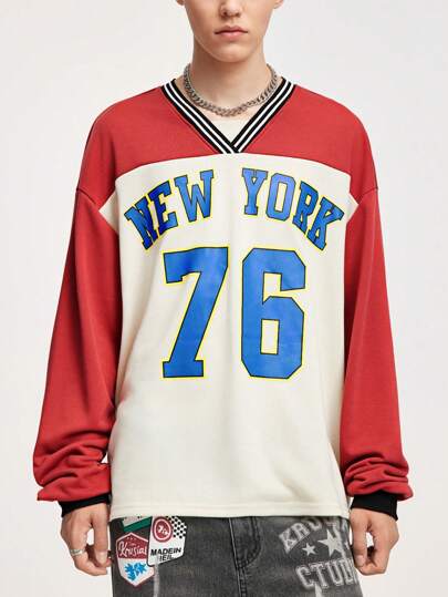 Street Life Men's Casual Loose Fit Letter Striped V-Neck Drop-Shoulder Long Sleeve Sweatshirt, Fall/Winter