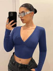 SHEIN ICON Camiseta de manga larga casual de corte slim con cuello en V de dos tonos y costillas - Neblina azul - Ver 1