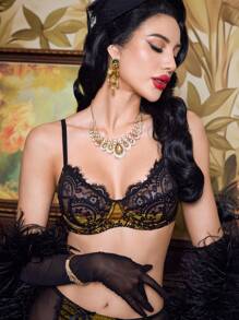 Women Sexy Lace Patchwork Sheer Bra - Mustard Yellow - View 3