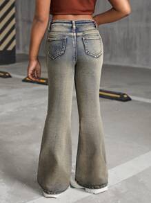 SHEIN Tween Girl Y2K 2000s Retro Stonewashed Vintage Denim Flare Leg Jeans, Fall Back To School Streetwear - Medium Wash - View 2