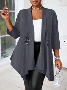 SHEIN Lady Plus Size Black Cardigan With Mid-Length Sleeves & Metal Buckle, Asymmetric Hem Women's Coat Fall Women Outfits Fall Outfits Going Out Outfits Winter