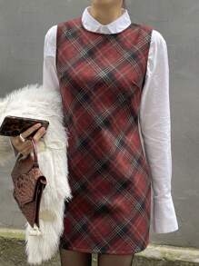 DAZY 女士格子圆领无袖套头连衣裙，校园风格，适合圣诞节、农历新年、春季、夏季、秋季