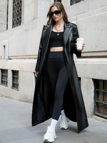 RueChic Black Peak Collar Double Button Placket Trench Coat - Black - View 1