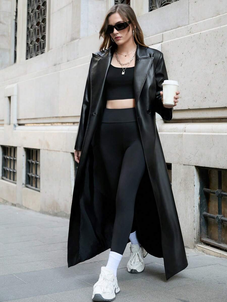 RueChic Black Peak Collar Double Button Placket Trench Coat - Black - View 1