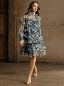 Anewsta Women's Autumn Tie-Neck Ruffled Layered Elegant Cake Midi Dress - Blue - View 6