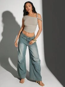 Denimoi Áo Crop Top Xoắn Bất Đối Xứng - Màu Xám nhạt - Xem 3