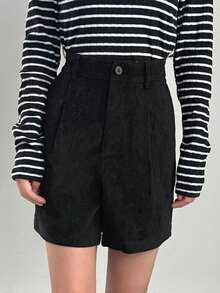 FRIFUL 女士休闲黑色高腰褶皱斜口袋短裤 - 黑色 - 查看 4