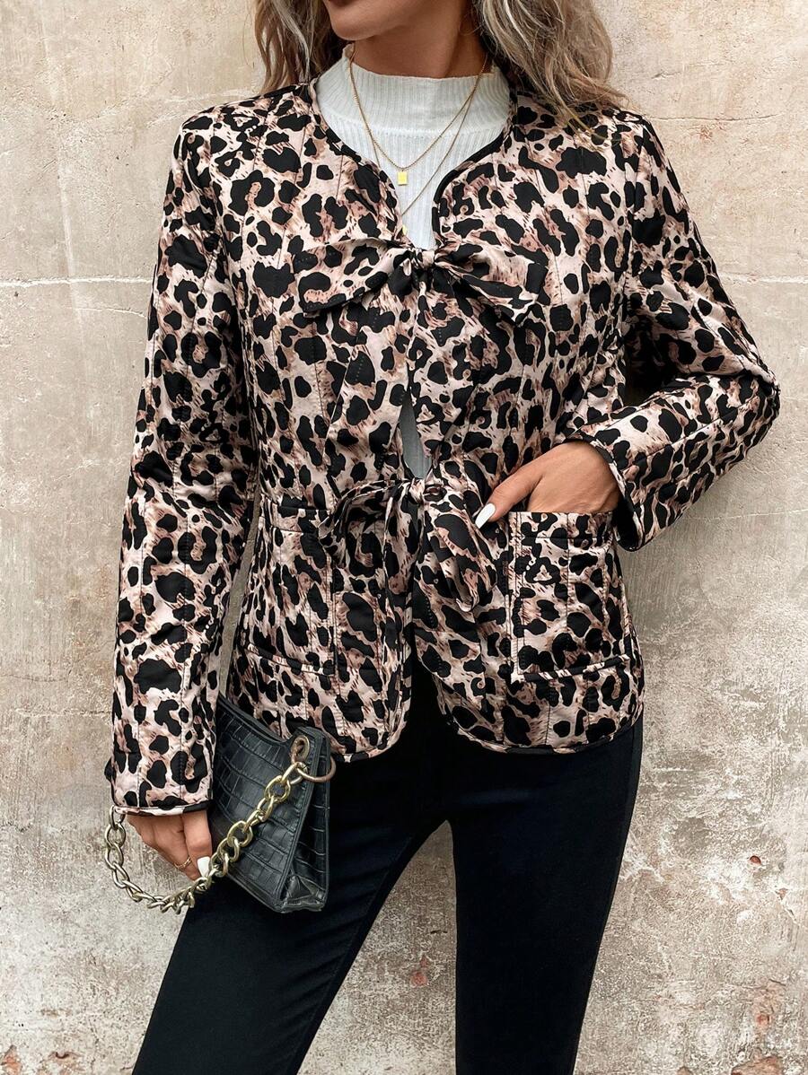 SHEIN LUNE Veste décontractée matelassée à nœud avant imprimé léopard pour femmes, élégante pour le travail et la rue, chaude pour l'automne et l'hiver - Multicolore - Voir 1