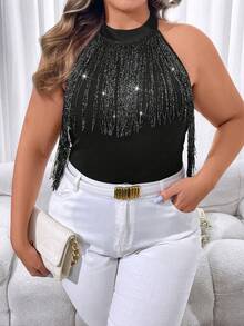 SHEIN Allurite Body elegante de mujer de talla grande de verano con parches y flecos, de cuello halter - Negro - Ver 5