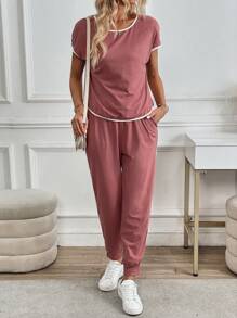 SHEIN LUNE Bộ 2 chiếc áo ngắn tay và quần dài họa tiết tương phản thường ngày cho nữ, xuân hè - Hồng - Xem 4