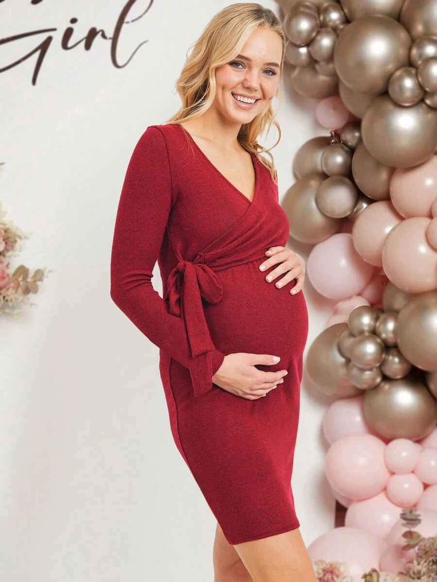 孕妇哺乳纯色 V 领侧结长袖连衣裙，秋季 - 酒紅色 - 查看 1