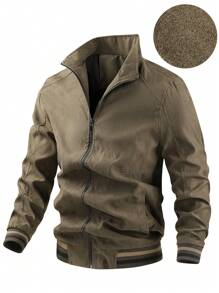Manfinity LEGND Men's Solid Color Zip-Up Faux Suede Casual Jacket, Autumn
