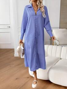 Chiquease Vestito camicia a maniche lunghe casual da vacanze, a righe, con bavero e spacco laterale, morbido e ampio - Blu e Bianco - Visualizzare 1