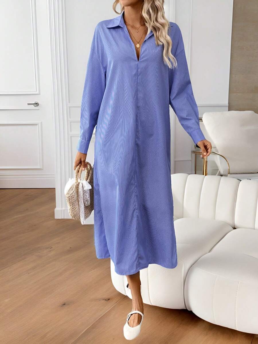 Chiquease Vestito camicia a maniche lunghe casual da vacanze, a righe, con bavero e spacco laterale, morbido e ampio - Blu e Bianco - Visualizzare 1