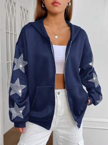 SHEIN EZwear 海军蓝色水钻装饰连帽运动衫 - 藏蓝色 - 查看 3