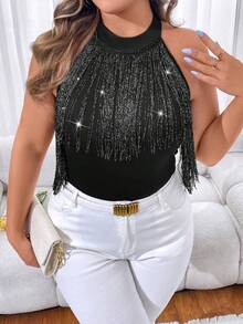 SHEIN Allurite Body elegante de mujer de talla grande de verano con parches y flecos, de cuello halter - Negro - Ver 7