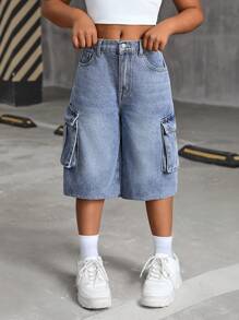 SHEIN Jeans cargo con tasche a patta e effetto delavato in stile Retro Y2K per ragazze pre-adolescenti, pantaloncini di lunghezza lunga, abbigliamento autunnale per ragazze, outfit per il ritorno a scuola