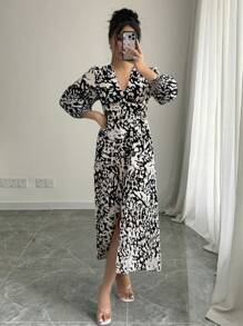 SHEIN Frenchy Women Animal Print Dress Slit Long Dress,Fall Clothes,Black & White  Long Sleeve Dress,Fall Women Dresses,Black Homecoming Dress,Elegant Women Dresses,Leopard Dress,Women Leopard Print Stand Collar Long Sleeve ,Winter Women Clothes , Party Women Dresses ,Long Fall Black & White Dress Casual - Multicolor - View 4