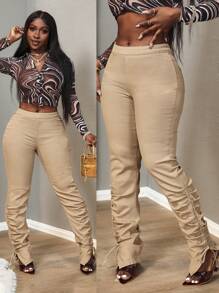 SHEIN Slayr Jeans skinny a vita media con arricciature - Albicocca - Visualizzare 4