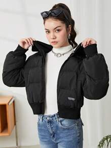 SHEIN Leap Crew Teen Girls' Black Casual School Style Ribbed Mock Neck Pullover Jacket - Black - View 4