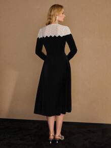MOTF PREMIUM VELVET CONTRAST LACE YOKE MIDI DRESS - Black - View 5