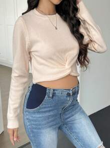 SHEIN Maternity Ribbed Hem Body-Con Sweater, Long Sleeve, For Winter - Beige - View 6