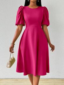 Lyxana Vestido para mujer con mangas abullonadas y cintura entallada para primavera y verano