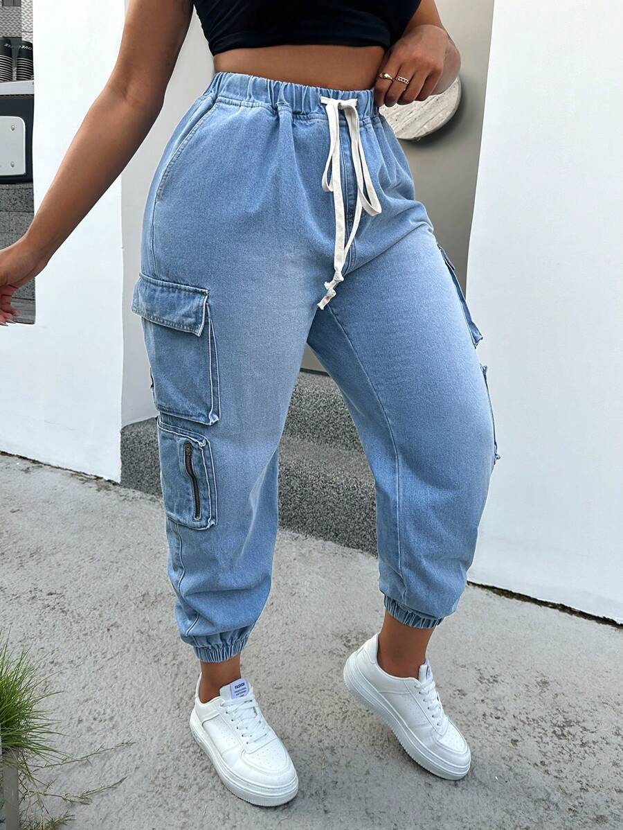 SHEIN EZwear Plus Size Casual Loose Tapered Leg Denim Cargo Pants, Blue - Blue - View 1