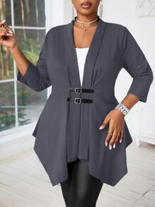 SHEIN Lady Plus Size Black Cardigan With Mid-Length Sleeves & Metal Buckle, Asymmetric Hem Women's Coat Fall Women Outfits Fall Outfits Going Out Outfits Winter