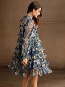 Anewsta Women's Autumn Tie-Neck Ruffled Layered Elegant Cake Midi Dress - Blue - View 1