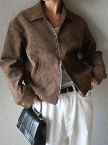 DAZY Women's Loose Zipper, Stand Collar Pockets Regular Jacket,Fall Women Clothes Leather Jacket Women Coats - Brown - View 8