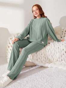 SHEIN Leap Crew 2 件套青少年女孩罗纹针织连帽短款上衣和喇叭裤，休闲装 - 薄荷綠 - 查看 7