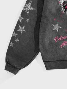 Manfinity EMRG Men's Oversized Street-Style Vintage High Street Black And White Hip-Hop Portrait Pink Graffiti Ink Dot Star Black Snow-Washed Hooded Sweatshirt. - Black - View 3