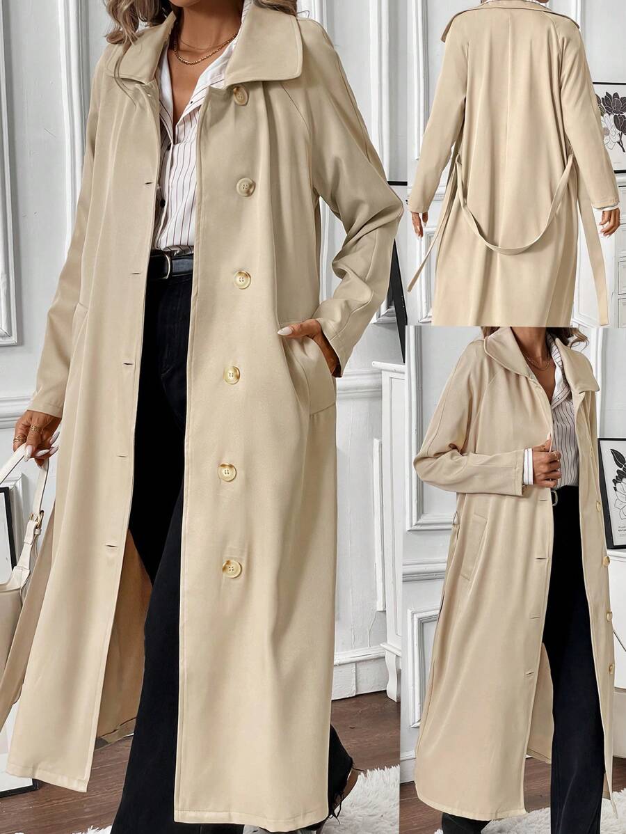 Chiquease 女式卡其色侧袋系带长袖风衣，秋冬款 - 卡其色 - 查看 1
